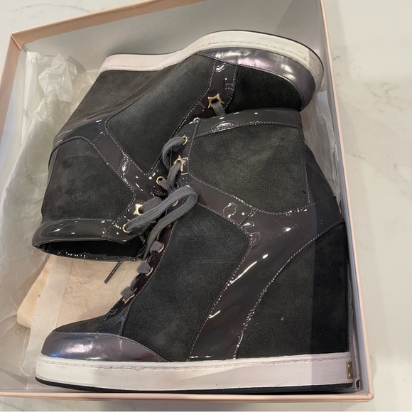 🎉HOST PICK🎉Jimmy Choo grey suede & pattern leather wedge Panama sneaker in box - Picture 5 of 16